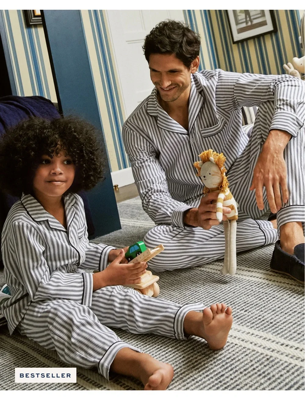 Petite Plume Kid’s Twill Pajama Set in French Navy Ticking 2T
